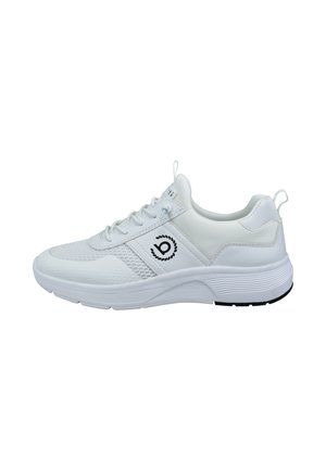 White athletic shoes with textured mesh and smooth leather panels, featuring black logo detail, laces, and a rubber sole.