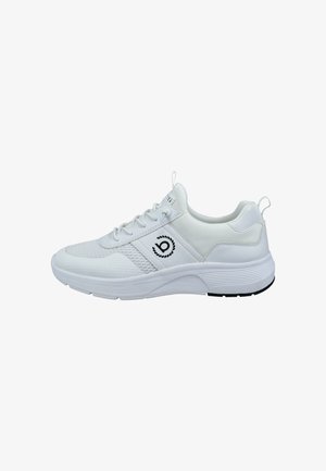 White athletic shoes with textured mesh and smooth leather panels, featuring black logo detail, laces, and a rubber sole.