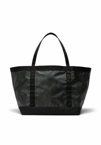 Grand sac fourre-tout noir avec deux poignées, base rectangulaire et motif subtil de camouflage noir et vert foncé sur le tissu.