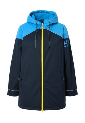 Dunkelblaue wasserdichte Jacke mit einer leuchtend blauen Kapuze, gelbem Reißverschluss und weißen Akzenten. Verfügt über zwei Fronttaschen und verstellbare Kordeln.