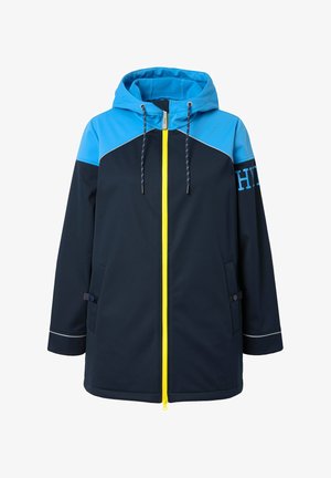 Donker marineblauwe waterdichte jas met een felblauwe capuchon, gele rits en witte accenten. Voorzien van twee voorkezen en verstelbare koordjes.