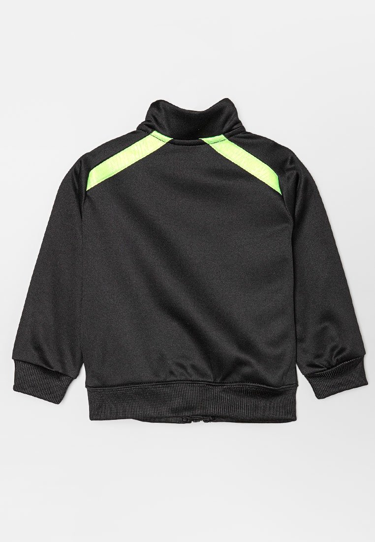 Schwarze Sportjacke mit hohem Kragen, mit neongrünen Akzenten an den Schultern. Aus glattem, leichtem Material gefertigt. Mit gerippten Bündchen und Saum.