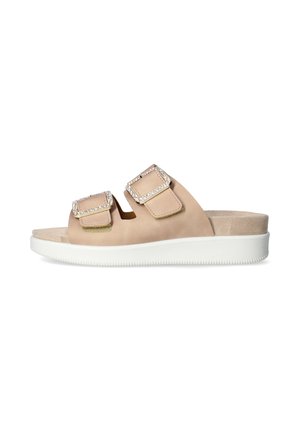 Sandalo beige modello slide con due cinturini regolabili con fibbie decorate con strass e suola platform bianca.