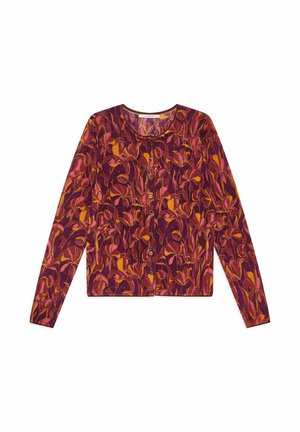 Langärmlige Strickjacke mit lila Grundfarbe und floralem Muster in Pink und Orange. Verfügt über einen Rundhalsausschnitt und eine Knopfleiste vorne.