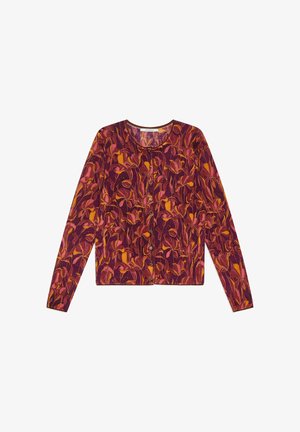 Langärmlige Strickjacke mit lila Grundfarbe und floralem Muster in Pink und Orange. Verfügt über einen Rundhalsausschnitt und eine Knopfleiste vorne.