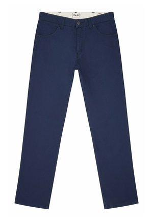 Jeans in denim blu navy con design a gamba dritta, stile a cinque tasche e dettagli di cucitura a contrasto. Presentano una chiusura con bottone e zip.