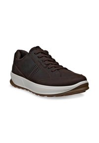 Dark brown leather lace-up sneaker with white cushioned sole and perforated side details, angled to show outer and top view.