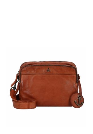 Borsa a tracolla in pelle marrone con zip, tracolla regolabile e un ciondolo circolare con design di un'ancora. Texture liscia.