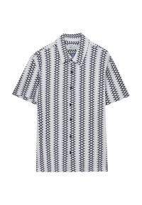 Chemise à manches courtes à boutons, blanche avec des rayures verticales bleu marine et de petits motifs géométriques ; le tissu a une texture subtile.