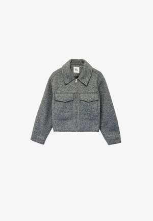 Gray cropped jacket made of textured fabric, featuring a zip front, two chest pockets, and a pointed collar.