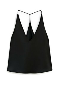 Camisola nera in satin con scollatura a V profonda, spalline sottili regolabili e una vestibilità leggermente morbida, caratterizzata da una texture liscia e un design minimalista.