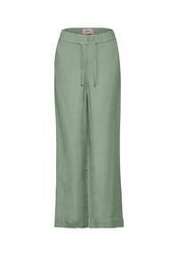 Lichtgroene wijde broek met elastische tailleband en trekkoord, gemaakt van lichte stof, weergegeven op een witte achtergrond.