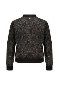 Zwarte sweatshirt met een draaiend wit patroon, geribbelde manchetten en zoom, en een ronde halslijn. De stof heeft een zachte textuur.