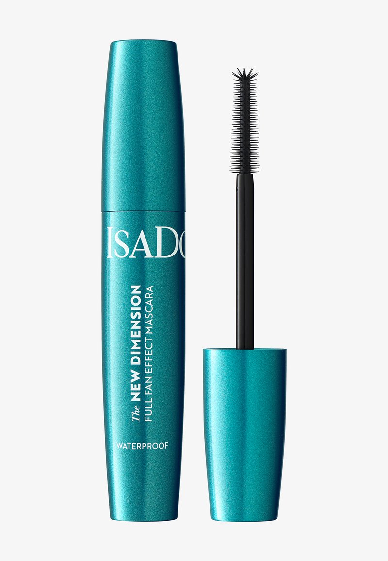 Tube de mascara waterproof couleur sarcelle étiqueté "The New Dimension Full Fan Effect Mascara" avec un applicateur brosse spoolie noir à côté.