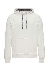 Sweatshirt à capuche blanc avec une poche avant, doté de cordons noirs et d'un texte brodé. Tissu doux, coupe décontractée et poignets côtelés.