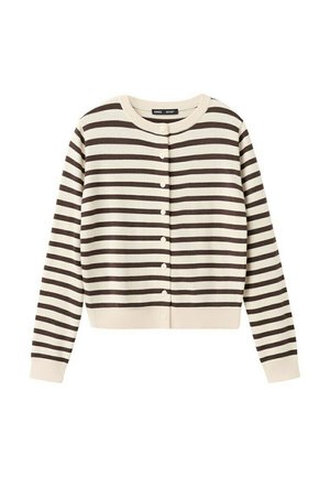 Beige en donkerbruine horizontaal gestreepte gebreide cardigan met ronde halslijn en knoopsluiting aan de voorkant.