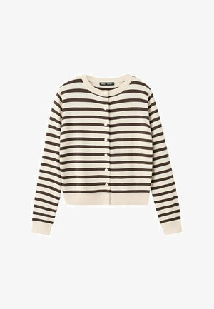 Bež i tamnosmeđi kardigan od pletenine s vodoravnim prugama, okruglim izrezom i zatvaranjem na gumbe sprijeda.