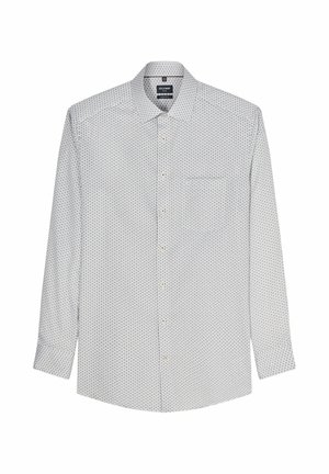 Herren weiße Langarmhemd mit kleinem dunklem geometrischem Muster, klassischem Kragen, Brusttasche vorne und Knopfmanschetten.