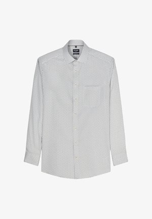 Herren weiße Langarmhemd mit kleinem dunklem geometrischem Muster, klassischem Kragen, Brusttasche vorne und Knopfmanschetten.