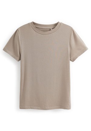 T-shirt beige à col rond, à manches courtes, fabriqué dans un tissu côtelé, présentant une texture lisse et un ourlet droit.