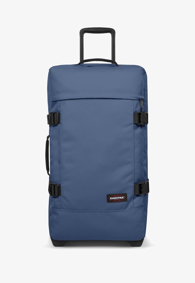 Blue rolling duffel bag with a sturdy handle, adjustable straps, textured fabric, and a black Eastpak logo patch on the front.