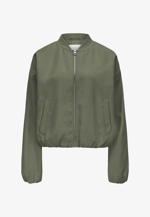 Olivgrüne Bomberjacke aus glattem Stoff. Verfügt über einen vorderen Reißverschluss, Seitentaschen sowie gesammelte Bündchen und Saum für eine taillierte Passform.