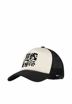 Black and white mesh baseball cap with "BUFF" text and tropical leaf designs embroidered on the front panel and adjustable back strap.