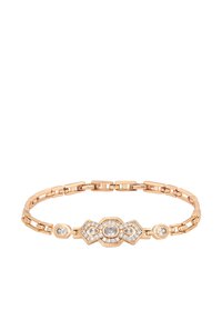 Náhrdelník z ružového zlata so geometrickým stredom ozdobeným čírymi drahokamami, textúrovanými spojmi a kruhovými akcentmi.