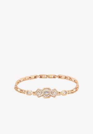 Bracciale in oro rosa con un centro geometrico decorato con gemme trasparenti, link testurizzati e accenti circolari.
