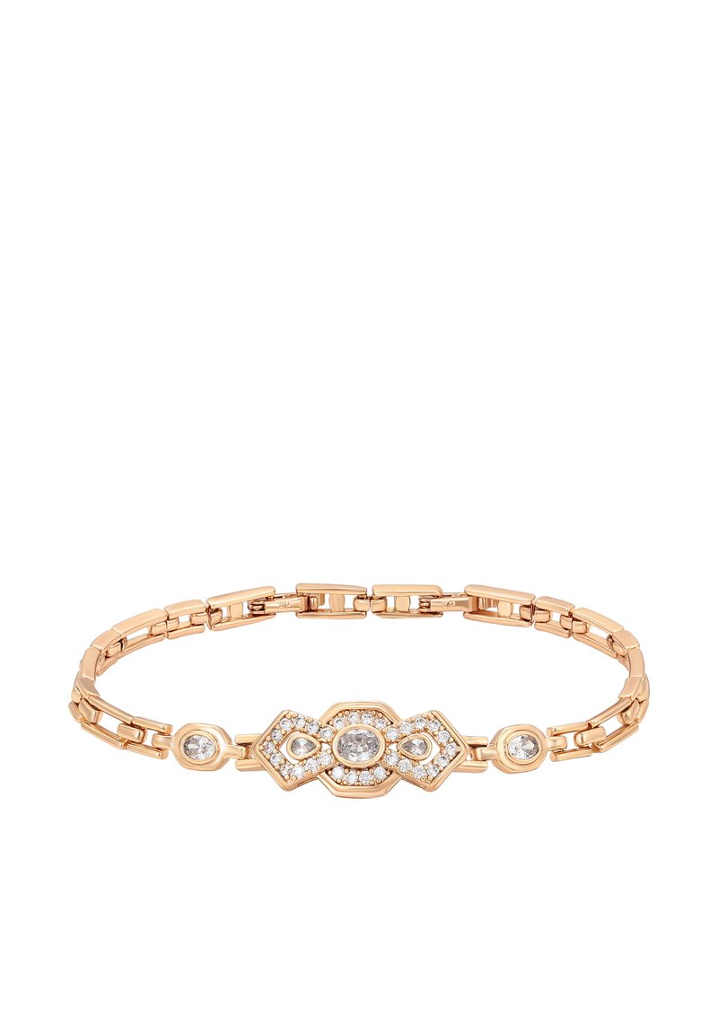 Náhrdelník z ružového zlata so geometrickým stredom ozdobeným čírymi drahokamami, textúrovanými spojmi a kruhovými akcentmi.