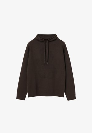 Tmavě hnědá mikina s dlouhými rukávy, vyražený design medvěda na přední straně a kapuce se stahovací šňůrkou na bílém pozadí.