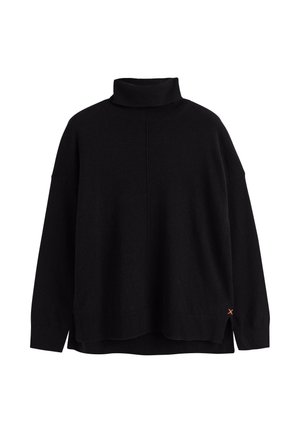 Pull en col roulé noir à manches longues, coupe décontractée, col et ourlet côtelés, avec une couture d'accent orange en bas à gauche.