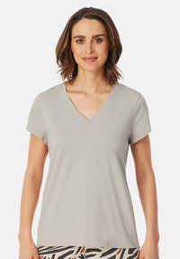 Light gray short-sleeve v-neck t-shirt made from smooth, soft fabric. Simple design with no patterns or embellishments.