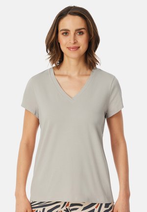 Light gray short-sleeve v-neck t-shirt made from smooth, soft fabric. Simple design with no patterns or embellishments.