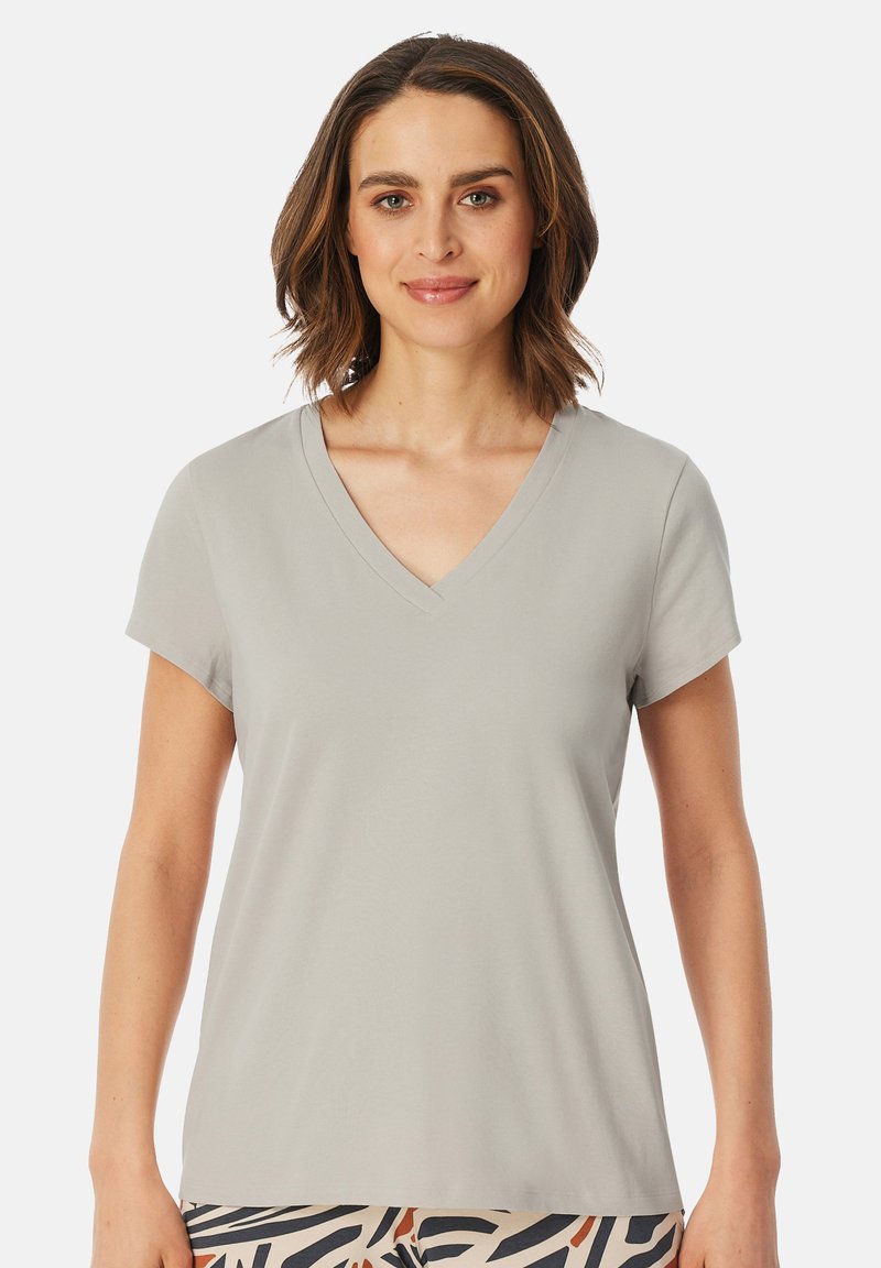 Light gray short-sleeve v-neck t-shirt made from smooth, soft fabric. Simple design with no patterns or embellishments.