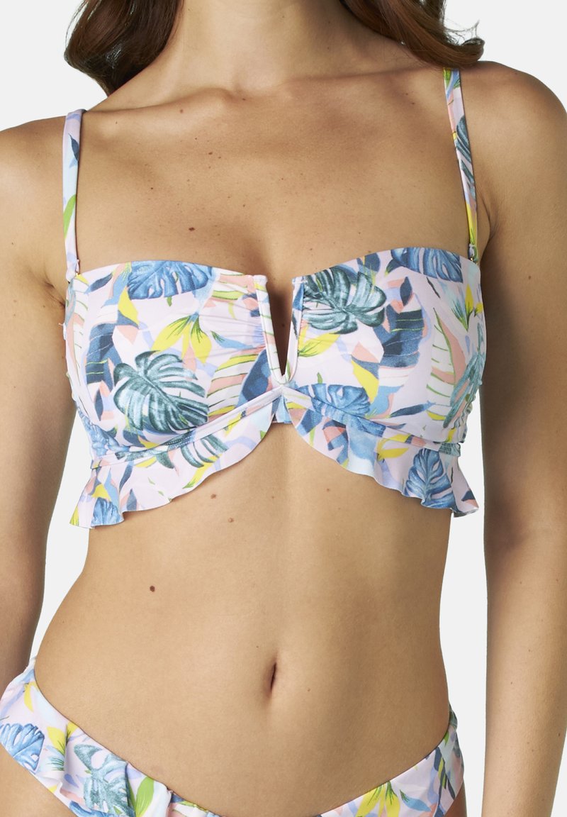 Top bikini floreale in rosa con motivi di foglie blu e verdi. Presenta un orlo arricciato e spalline regolabili. Il pannello centrale ha uno spacco.