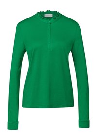 Zielona koszula z długim rękawem wykonana z bawełny, z falbanianym kołnierzem, czteropaku guzików i dopasowanymi mankietami. Gładka tekstura i jednolity kolor.