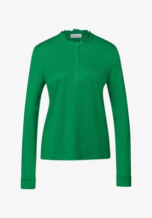 Zielona koszula z długim rękawem wykonana z bawełny, z falbanianym kołnierzem, czteropaku guzików i dopasowanymi mankietami. Gładka tekstura i jednolity kolor.