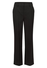 Zwarte op maat gemaakte broek met een rechte pijp, gemaakt van een gladde stof, met voorzakken en een platte voorkant.
