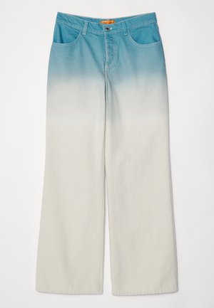 Light blue to white ombre jeans, wide-leg design, made of denim fabric, featuring a classic waistband and four pockets.