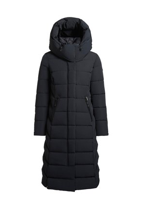 Langer schwarzer gesteppter Wintermantel mit hohem Kragen, Kapuze und vorne mit Reißverschlusstaschen, für kaltes Wetter entworfen.