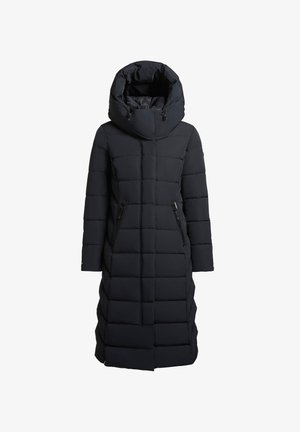 Pikk must tikandiga talvejope kõrge krae ja kapuutsiga, ees lukuga taskud, mõeldud külmade ilmade jaoks.