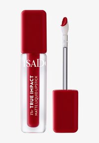 Rouge à lèvres liquide mat dans un tube en verre transparent avec un capuchon rouge, doté d'un applicateur blanc. Le texte indique "L'IMPACT VÉRITABLE" en lettres blanches.