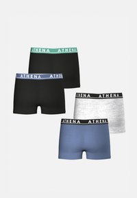 Quatre paires de boxers : deux noirs, un gris clair, un bleu. Chacun présente une ceinture élastique de marque de différentes couleurs.