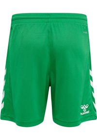 Gröna sportshorts i lätt material, med vita sidostenar och en logotyp på nedre högra sidan. Enkelt mönster.