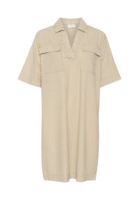 Kortärmad skjortklänning i ljusbeige med vertikala vita ränder, med krage, två framfickor och en avslappnad passform.