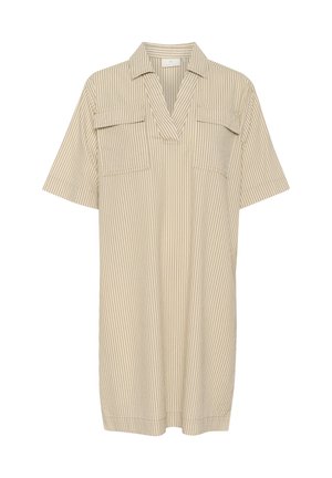 Kurzärmeliges Hemdkleid in hellem Beige mit vertikalen weißen Streifen, verfügt über einen Kragen, zwei Vordertaschen und eine lockere Passform.
