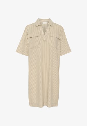 Short-sleeved shirt dress in light beige with vertical white stripes, featuring a collar, two front pockets, and a relaxed fit.