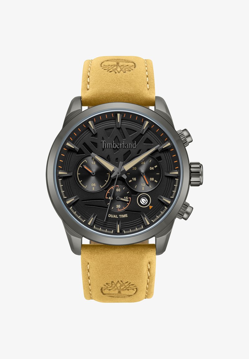 Timberland armbåndsur med sort urskive, tre delskiver, dobbelt tidsfunktion, gråt metalkabinet og tan læderrem prægede med Timberland-logo.