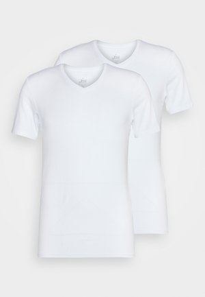 White V-neck t-shirts, short sleeves, cotton fabric, smooth texture, two-pack, no visible patterns or accents, standard fit.